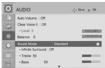 AUDIO Auto Volume : Off Clear Voice II : Off • Level 3 Balance 0 Sound Mode : Standard • Infinite Surround : Off • Treble 50 • Bass 50