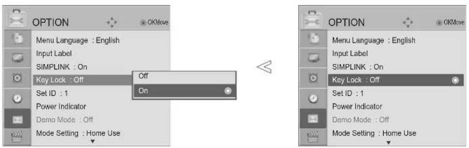 OPTION Menu Language : English Input Label SIMPLINK : On Key Lock : Off Set ID : 1 Power Indicator Demo Mode : Off Mode Setting : Home Use Off On OPTION Menu Language : English Input Label SIMPLINK : On Key Lock : Off Set ID : 1 Power Indicator Demo Mode : Off Mode Setting : Home Use