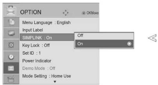 OPTION Menu Language : English Input Label SIMPLINK : On Off Key Lock : Off On Set ID : 1 Power Indicator Demo Mode : Off Mode Setting : Home Use