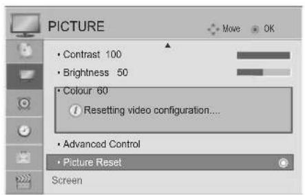 PICTURE • Contrast 100 • Brightness 50 • Colour 60 Resetting video configuration... • Advanced Control • Picture Reset Screen