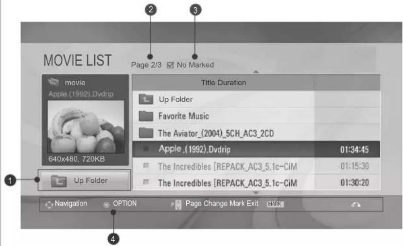 MOVIE LIST Page 2/3 □ No Marked movie Apple.(1992).Dvdrip 640x480, 720KB Up Folder Title Duration Up Folder Favorite Music The Aviator_(2004)_5CH_AC3_2CD Apple_(1992).Dvdrip 01:34:45 The Incredibles [REPACK_AC3_5.1c-CiM] 01:15:30 The Incredibles [REPACK_AC3_5.1c-CiM] 01:30:20 Navigation OPTION Page Change Mark Exit MARK