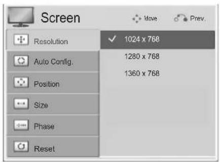 Screen Move Prev. Resolution 1024 x 768 Auto Config. 1280 x 768 Position 1360 x 768 Size Phase Reset