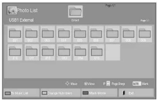 Photo List USB1 Exremal Page 01 Dietet Page 02 03 04 05 06 07 08 09 01 02 03 04 05 Move View Page Stage WORK Work To Music List Change Numbers Mark Mouse Exit