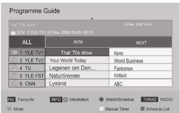 Programme Guide That '70s show 25 Nov. 2008 10:05 DTV 1 YLE TV1 25 Nov. 2008 09:45~10:15 ALL NOW NEXT TV 1 YLE TV1 That '70s show Keno TV 2 YLE TV2 Your World Today World Business TV 4 TV.. Legenen om Den.... Fantomen TV 5 YLE FST Naturtimmen Kritiskt TV 6 CNNLyssna ABC FAV Favourite INFO Information Watch/Schedule TWRAD RADIO Mode Manual Timer Schedule List