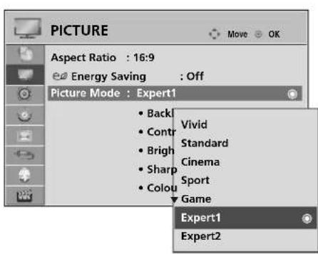 PICTURE Aspect Ratio : 16:9 Energy Saving : Off Picture Mode : Expert1 • Back • Contr • Brigh • Sharp • Colour Vivid Standard Cinema Sport Game Expert1 Expert2