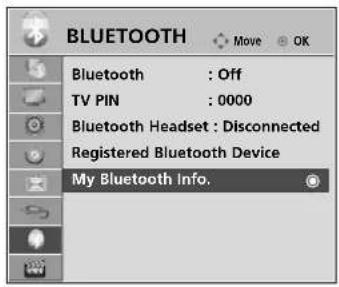 BLUETOOTH Move OK Bluetooth : Off TV PIN : 0000 Bluetooth Headset : Disconnected Registered Bluetooth Device My Bluetooth Info.