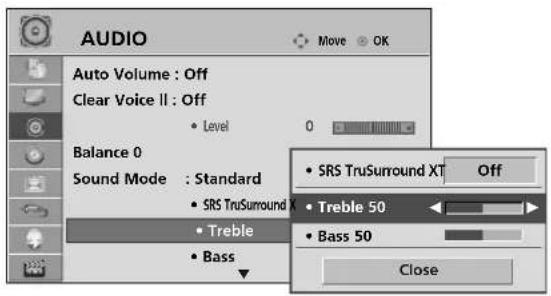 AUDIO Auto Volume : Off Clear Voice II : Off • Level 0 Balance 0 Sound Mode : Standard • SRS TruSurround XT • Treble 50 • Bass 50 • Bass • SRS TruSurround XT Off Close