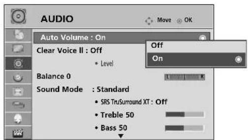 AUDIO Auto Volume : On Clear Voice II : Off Level Balance 0 Sound Mode : Standard SRS TruSurround XT : Off Treble 50 Bass 50 Off On