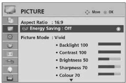 PICTURE Move OK Aspect Ratio : 16:9 Energy Saving : Off Picture Mode : Vivid • Backlight 100 • Contrast 100 • Brightness 50 • Sharpness 70 • Colour 70