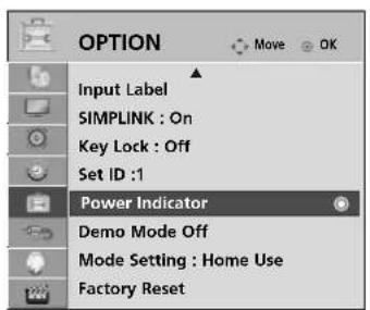 OPTION Input Label SIMPLINK : On Key Lock : Off Set ID :1 Power Indicator Demo Mode Off Mode Setting : Home Use Factory Reset