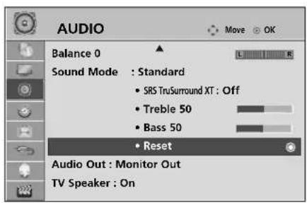 AUDIO Balance 0 Sound Mode : Standard • SRS TruSurround XT : Off • Treble 50 • Bass 50 • Reset Audio Out : Monitor Out TV Speaker : On