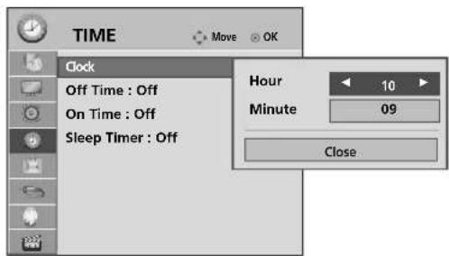 TIME Clock Off Time : Off On Time : Off Sleep Timer : Off Hour 10 Minute 09 Close