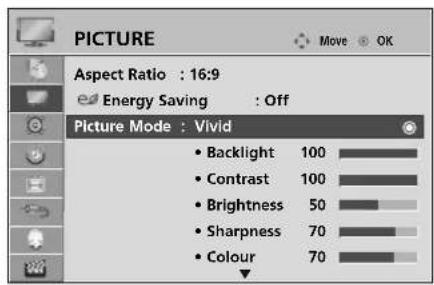PICTURE Move OK Aspect Ratio : 16:9 Energy Saving : Off Picture Mode : Vivid • Backlight 100 • Contrast 100 • Brightness 50 • Sharpness 70 • Colour 70