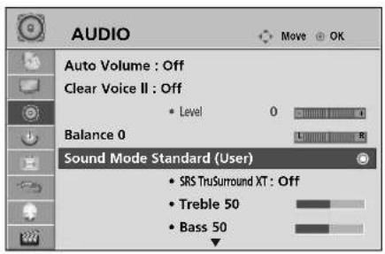 AUDIO Auto Volume : Off Clear Voice II : Off • Level 0 Balance 0 Sound Mode Standard (User) • SRS TruSurround XT : Off • Treble 50 • Bass 50