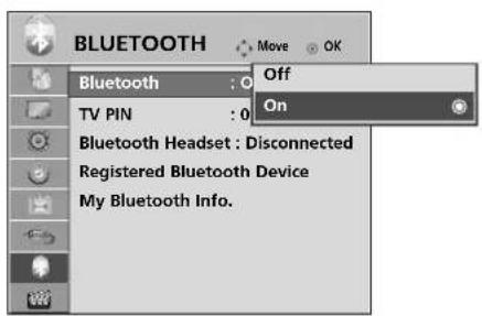 BLUETOOTH Move OK Bluetooth : On TV PIN : 0 Bluetooth Headset : Disconnected Registered Bluetooth Device My Bluetooth Info.