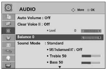 AUDIO Auto Volume : Off Clear Voice II : Off • Level 0 Balance 0 Sound Mode : Standard • SRS TruSurround XT : Off • Treble 50 • Bass 50