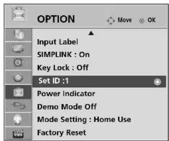 OPTION Move OK Input Label SIMPLINK : On Key Lock : Off Set ID :1 Power Indicator Demo Mode Off Mode Setting : Home Use Factory Reset