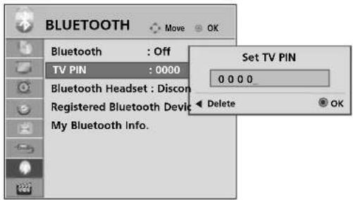 BLUETOOTH Move OK Bluetooth : Off TV PIN : 0000 Set TV PIN 0 0 0 0 Delete OK Bluetooth Headset : Discon Registered Bluetooth Devic My Bluetooth Info.