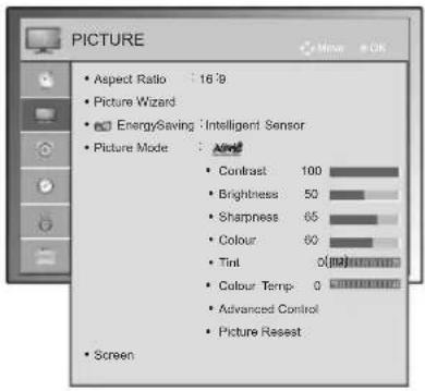 PICTURE Aspect Ratio : 16:9 Picture Wizard EnergySaving : Intelligent Sensor Picture Mode : Abstract Contrast 100 Brightness 50 Sharpness 65 Colour 80 Tint 0 (RGB) Colour Temp- 0 (RGB) Advanced Control Picture Reset Screen