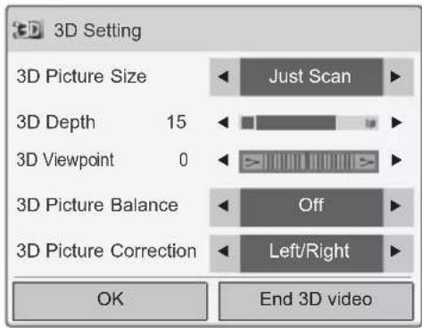 3D Setting 3D Picture Size Just Scan 3D Depth 15 3D Viewpoint 0 3D Picture Balance Off 3D Picture Correction Left/Right OK End 3D video
