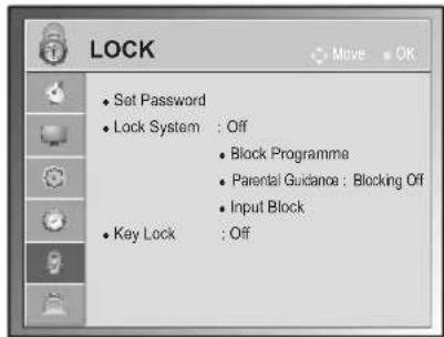 LOCK Set Password Lock System : Off Block Programme Parental Guidance : Blocking Off Input Block Key Lock : Off