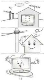 Illustration of three cartoon scenes: a house with a smiling face, a house with a digital microphone, and a computer monitor (no text or symbols)