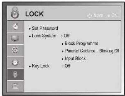 LOCK • Set Password • Lock System : Off • Block Programme • Parental Guidance : Blocking Off • Input Block • Key Lock : Off