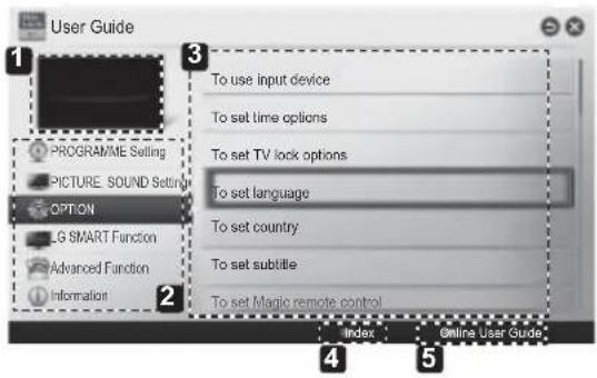 User Guide 1 PROGRAMME Selling PICTURE SOUND Setting OPTION LG SMART Function Advanced Function Information To use input device To set time options To set TV lock options To set language To set country To set subtitle To set Magic remote control index online User Guide