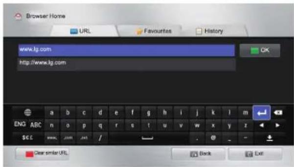 Browser Home URL Favourites History www.lg.com http://www.lg.com OK a b c d e f g h i j k l m ENG ABC n o p q r s t u v w x y z $CC www._com._xt / Clear smile URL Back Exit
