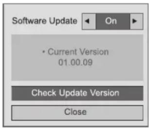 Software Update On • Current Version 01.00.09 Check Update Version Close