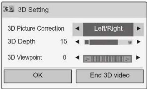 3D Setting 3D Picture Correction Left/Right 3D Depth 15 3D Viewpoint 0 OK End 3D video