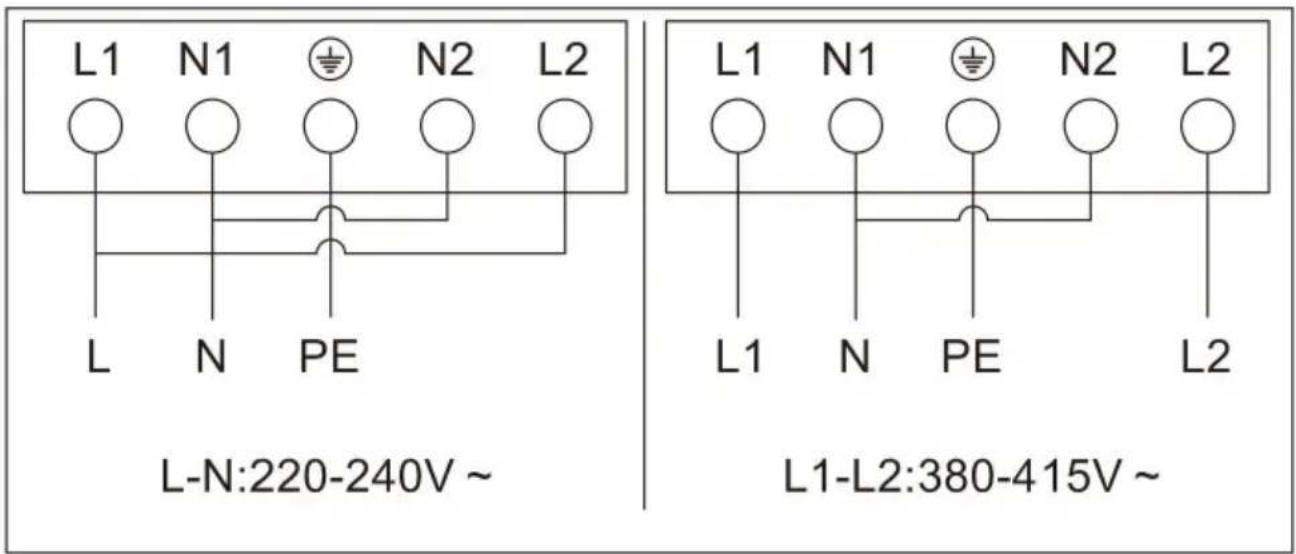 L1 N1 N2 L2 L N PE L-N:220-240V ~ L1 N1 N2 L2 L1 N PE L2 L1-L2:380-415V ~
