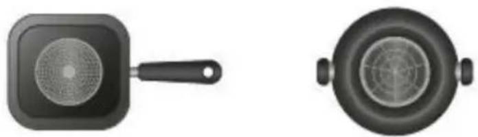 Two kitchen cookware illustrations: a square pan with a side handle and a circular pan with a lid (no text or symbols)