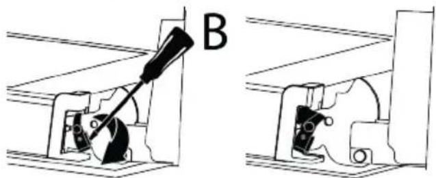 Mechanical assembly diagram showing two views of a tool interacting with a component, labeled B (no text or symbols present).