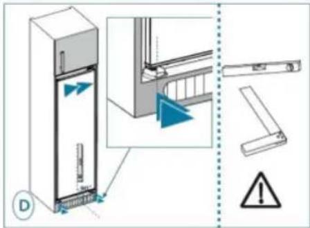 Diagram illustrating the installation of a refrigerator with labeled components and warning symbols