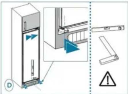 Diagram showing a refrigerator with blue directional arrows and warning symbols, including a warning sign and warning symbol.