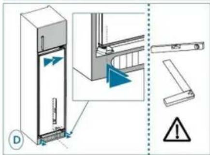 Diagram showing a refrigerator with labeled parts and warning symbols, including a warning triangle and warning sign.
