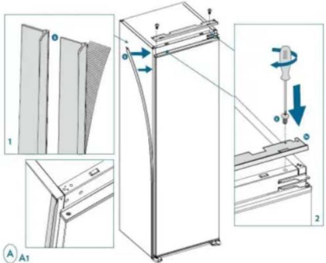 Technical diagram illustrating door panel assembly and mounting process with labeled components and directional arrows