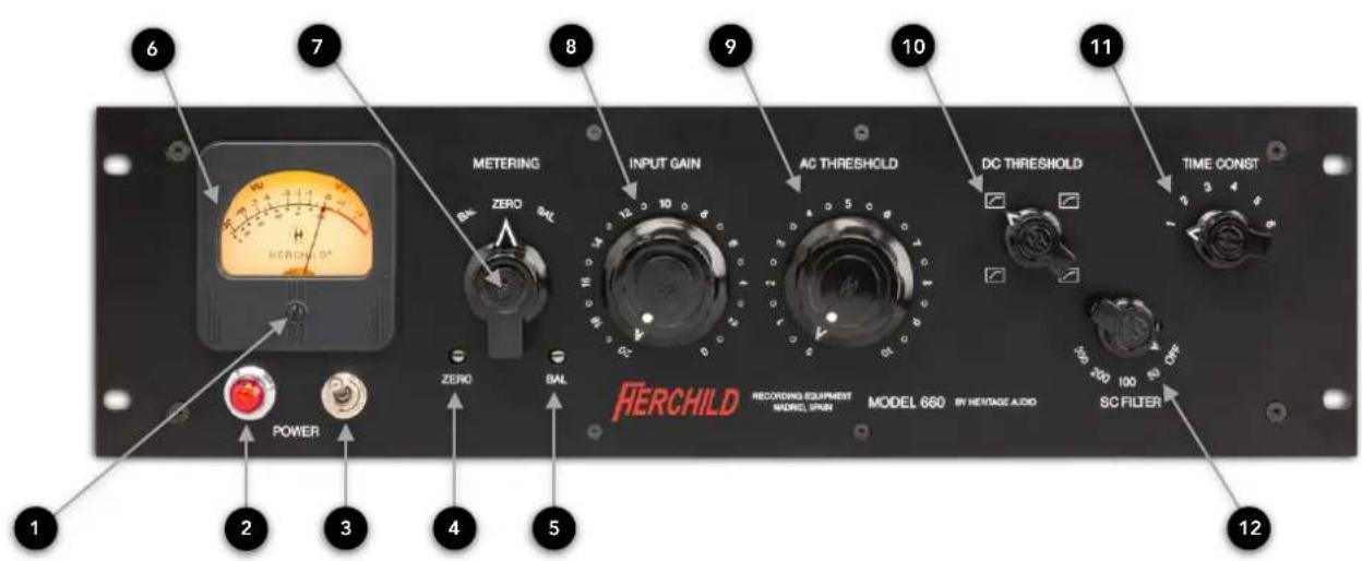 6 7 8 9 10 11 METERING INPUT GAIN AC THRESHOLD DC THRESHOLD TIME CONST FERCHILD RECOVING EQUIPMENT MODEL, SPUN MODEL 660 BY HEITAGE AUDIO SC FILTER POWER ZERO BAL 2 3 4 5 12