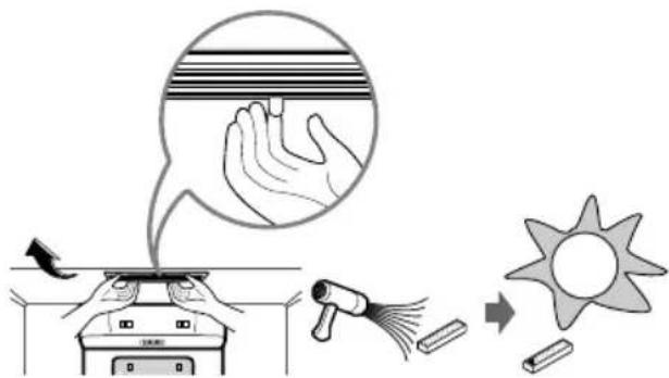 Diagram illustrating a hand gesture and impact technique on a device, showing motion from left to right with a magnified view of the hand.