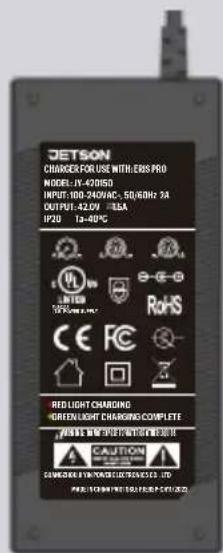 DETSON CHARGER FOR USE WITH EBS PRO MODEL: LT-420850 INPUT: 500 PADCAC, 50/40Hz 1A OUTPUT: 42.0V / kVA IP20 Ta-40°C RED LIGHT CHARGING GREEN LIGHT CHARGING COMPLETE CAUTION CONSENSIVE ENGLISH CONDITIONS LTD. PRO-TECHNOLOGY CO.,LTD. RohS