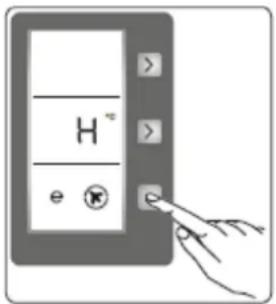Diagram showing a hand pressing a button on a device panel with labeled ports and symbols