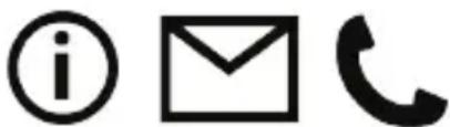 Three black icons: a lowercase 'i' in a circle, an envelope symbol, and a telephone handset (no text or labels)