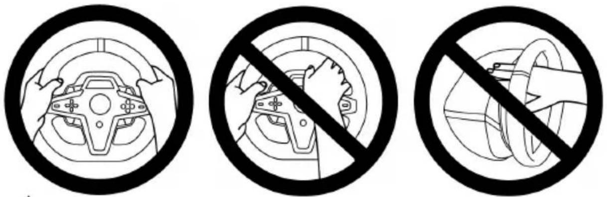 Three circular diagrams showing steering wheel, no-hand tool, and wheel switch prohibition symbols