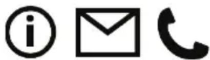 Three black icons: a lowercase 'i' in a circle, an envelope symbol, and a telephone handset, no text or labels.
