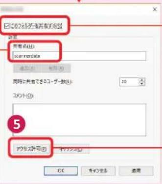 已にそのルダを再発む版仮 設定 所有名(N): scanmendata 添加(A) 取消(C) 同時に共有できるユーザー数(L): 20 コウント(O): 5 アクセス許可(R) ヤクランス(D) OK キャンガス 通用
