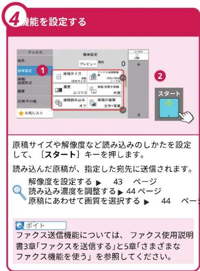4機能を設定する 1 2 原稿サイズや解像度など読み込みのしかたを設定して、[スタート]キーを押します。 読み込んだ原稿が、指定した宛先に送信されます。 解像度を設定する ▶ 43 ページ 読み込み濃度を調整する ▶ 44 ページ 原稿にあわせて画質を選択する ▶ 44 ページ ポイント ファクス送信機能については、ファクス使用説明書3章「ファクスを送信する」と5章「さまざまなファクス機能を使う」を参照してください。