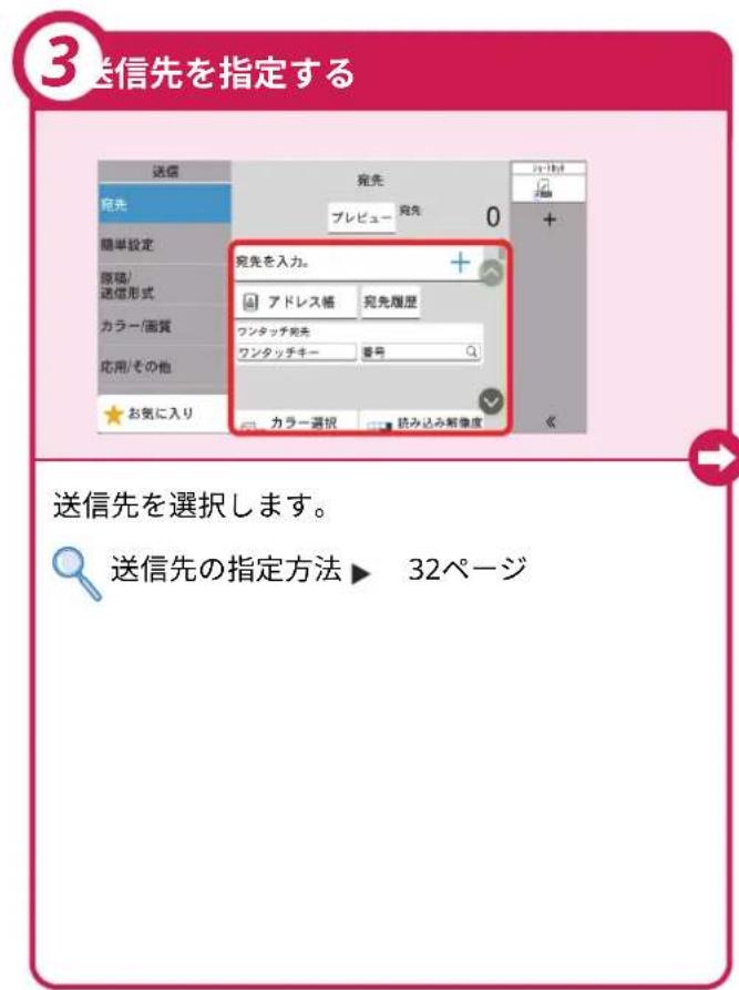 3 送信先を指定する 送信 宛先 プレビュー 宽先 0 + 宛先を入力。 アドレス幅 宽先履歴 ワンタッチ宛先 ワンタッチキー 巻号 カラー選択 技み込み解像度 送信先を選択します。 送信先の指定方法 ▶ 32ページ