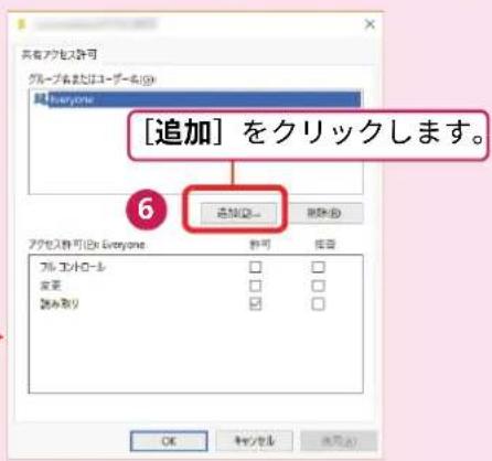 [追加] をクリックします。 6 添加(A)... 删除(D) アクセス許可(H) Everyone プル エントロール 皮菜 読み取り OK ヤマノセル 选项(A)