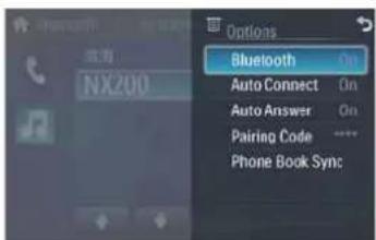 Options Bluetooth On Auto Connect On Auto Answer On Pairing Code **** Phone Book Sync